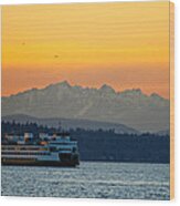Sunset Over Olympic Mountains Wood Print