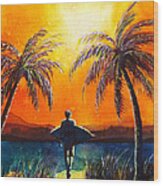 Sunset Surfer Wood Print