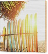 Surfboards At Ocean Beach Wood Print