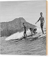 Surfing In Honolulu Wood Print