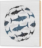 Swimming Blue Sharks Around The Globe Wood Print