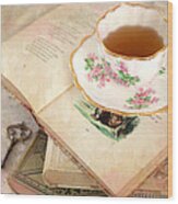 Tea Cup And Vintage Books Wood Print