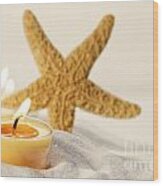 Tea Light Candles In Sand With Star Fish Wood Print
