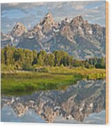 Teton Range Reflected In The Snake River Wood Print