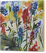 Texas Blue Bonnets And Indian Paintbrush Watercolor Wood Print