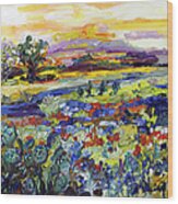Texas Hill Country Bluebonnets And Indian Paintbrush Sunset Landscape Wood Print