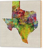 Texas Watercolor Map Wood Print