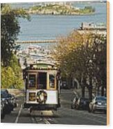 The Cable Car And Alcatraz Wood Print