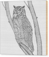 The Great Horned Owl Watches Wood Print