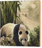 The Panda Bear And The Great Wall Of China Wood Print