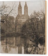 The San Remo Building Reflectec On The Lake In Central Park Vintage Look Wood Print