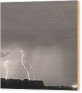 Thunder Rolls And Lightning Strikes Sepia Wood Print