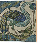 Tile Design Of Heron And Fish Wood Print