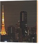 Tokyo Tower At Night With Tokyo Skyline Wood Print
