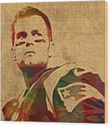 Tom Brady New England Patriots Quarterback Watercolor Portrait On Distressed Worn Canvas Wood Print