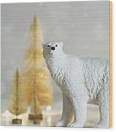 Toy Polar Bear With Little Gold Trees And Lights Wood Print