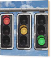 Traffic Lights - Red Yellow Green Against Sky Wood Print