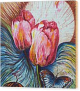 Tulips And Butterflies Wood Print