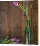 Tulips Green Bottle Wood Print