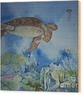 Turtle And Jelly Fish Wood Print