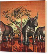Twelve Sad Rhinoceros At Sunset 2.0 Wood Print