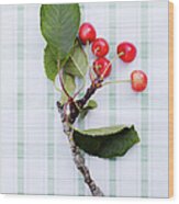 Twig With Leaves And Cherries Wood Print