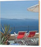 Two Deckchairs On The Roof Santorini Greece Wood Print