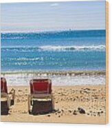 Two Empty Sun Loungers On Beach By Sea Wood Print