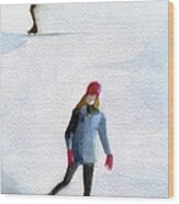 Two Girls Ice Skating Watercolor Painting Wood Print