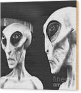 Two Grey Aliens Science Fiction Square Format Black And White Film Grain Digital Art Wood Print
