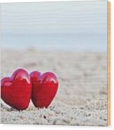 Two Red Hearts On The Beach Symbolizing Love Wood Print