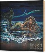 Under A Crescent Moon Mermaid Pillow Wood Print