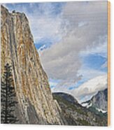 Upper Yosemite Fall And Cloud-capped Half Dome Wood Print