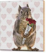 Valentines Day Squirrel With A Dozen Red Roses Wood Print