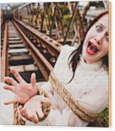 Victorian Maiden Tied To Train Tracks Screams As Engine Approaches Wood Print