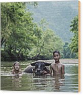 Vietnam, Young Boys In River With Water Wood Print