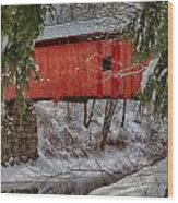 View Through The Boughs Of Vermont Covered Bridge Wood Print