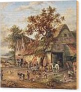 Village Scene With Figures Before A Stable Wood Print