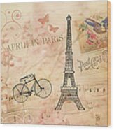 Vintage Bicycle And Eiffel Tower Wood Print