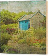 Vintage Inspired Garden Shed With Blue Door Wood Print