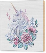 Watercolor Design With Unicorn And Rose Wood Print