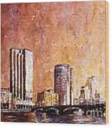 Watercolor Painting Of Downtown Skyline Of Grand Rapids Michiga Wood Print