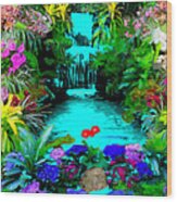 Waterfall Flower Garden Wood Print