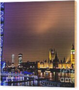 Westminster And Eye Night Glow Wood Print
