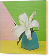 White Lily Flower In Blue Vase Wood Print
