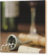 Wine Cork, Corkscrew, Wineglass, And Wood Print