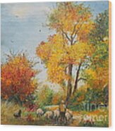 With Sheep On Pasture Wood Print