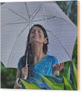 Woman Enjoying In The Rain Wood Print