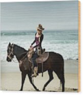 Woman In Cowboy Hat Riding Horse Wood Print