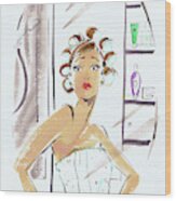 Woman In Curlers And Towel Looking Wood Print